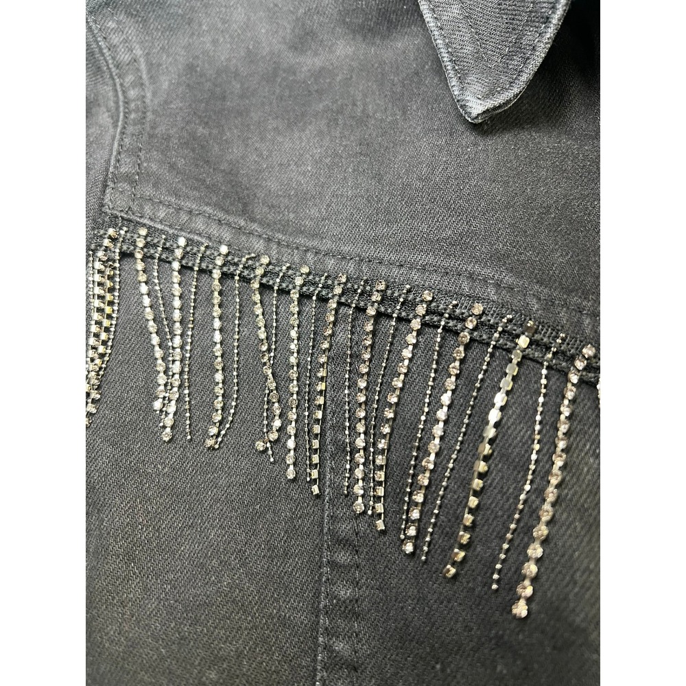 Zara Black Denim Mini Dress Rhinestone Fringe Western Cowgirl Button Front M - Picture 4 of 8